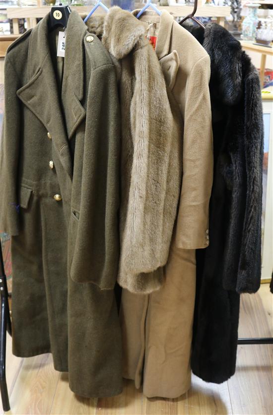 A Vivienne Westwood camel coat, size 42, a khaki greatcoat, a long black faux fur coat and a faux mink jacket (4)